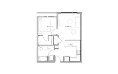 Floor plan for 1 bed, 1 bath, 639 sqft
